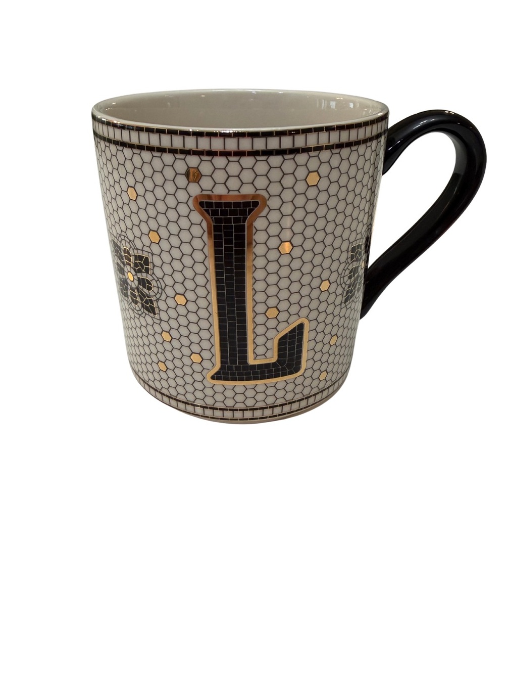 Anthropologie Margot Bistro Tile Mug 'L' Monogram White/Black/Gold Coffee Cup